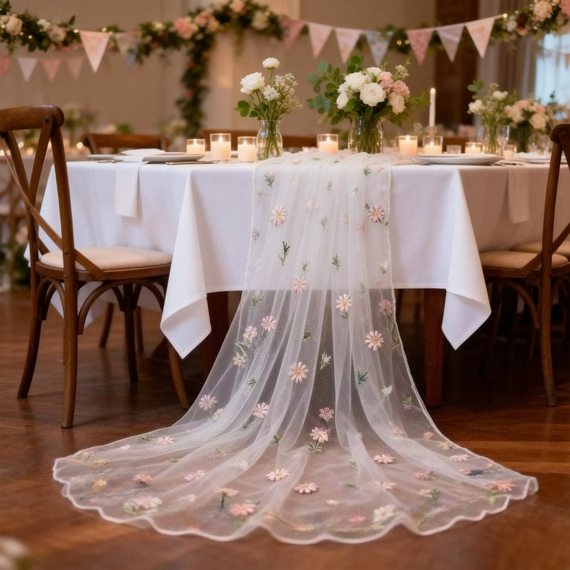 TEMU 1pc Of Elegant White Mesh Table Runner With Green Leaf Embroidery, Featuring Green Leaf Embroidery . This Handcrafted Embroidered Mesh Fabric Is