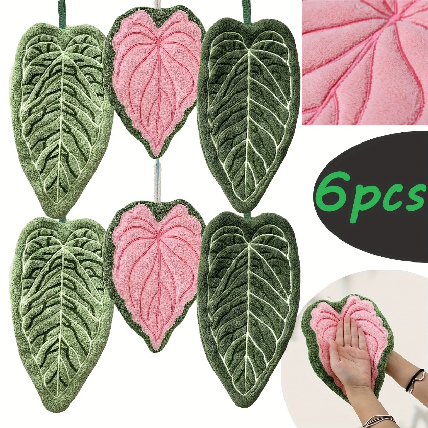 TEMU 6 Coral Towels - Quick-drying, Soft And Absorbent, Featuring Pink And Green Heart-shaped Patterns With Leaves, Perfect For Kitchen And Bathroom