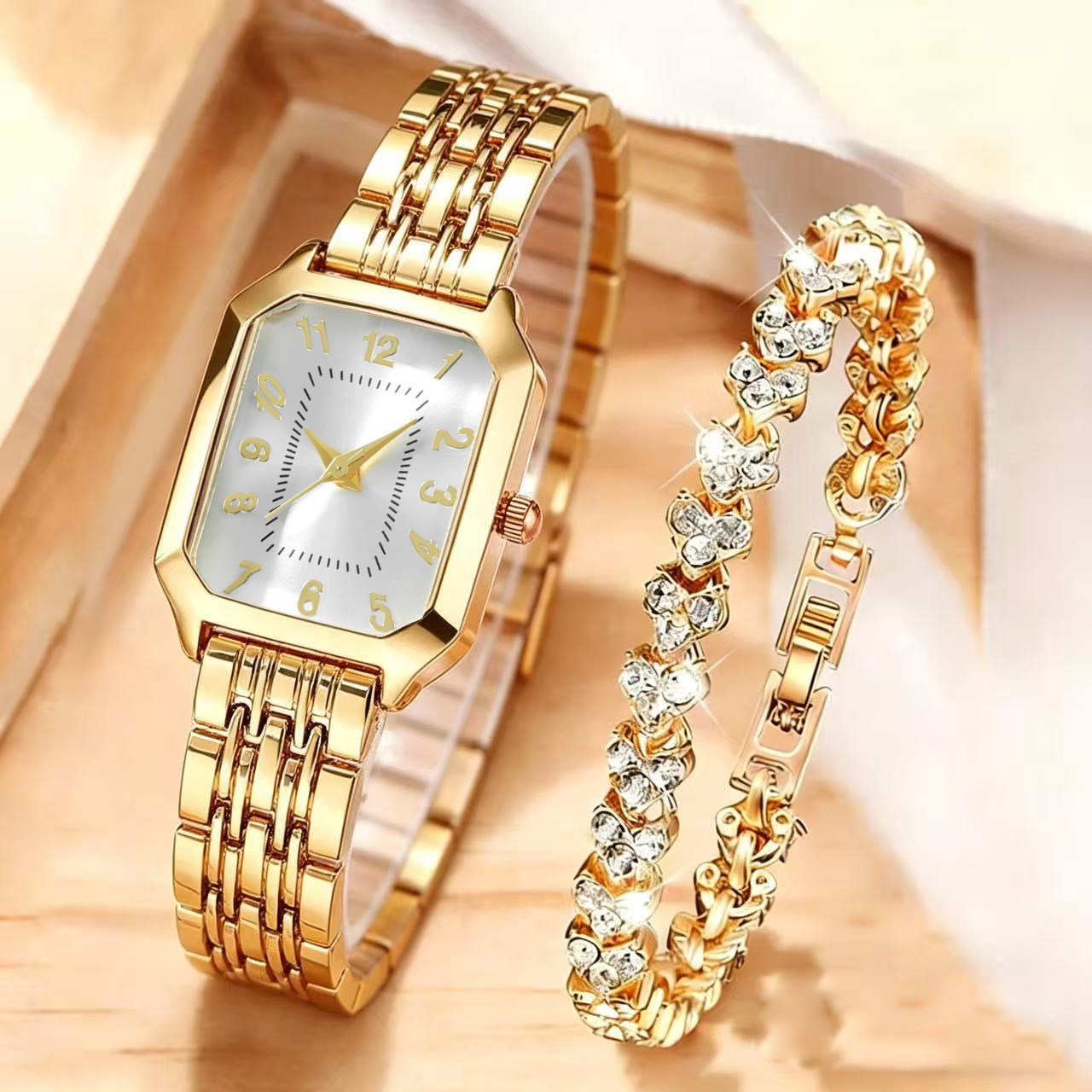 2 Elegant Women's Watches, Featuring A Stylish And Romantic Heart-shaped Chain With Retro Rectangular Dial Quartz Watch And A Comfortable Alloy Strap.