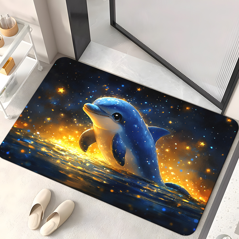 

1pc Cartoon Cute Dolphin Hd Printed Door Mat, Non-slip Bathroom Floor Mats, Microfiber Absorbent Machine Washable Polyester Rug For Bedroom, Living Room Entrance Carpet, Camping Picnic Rugs, Yoga Mat.