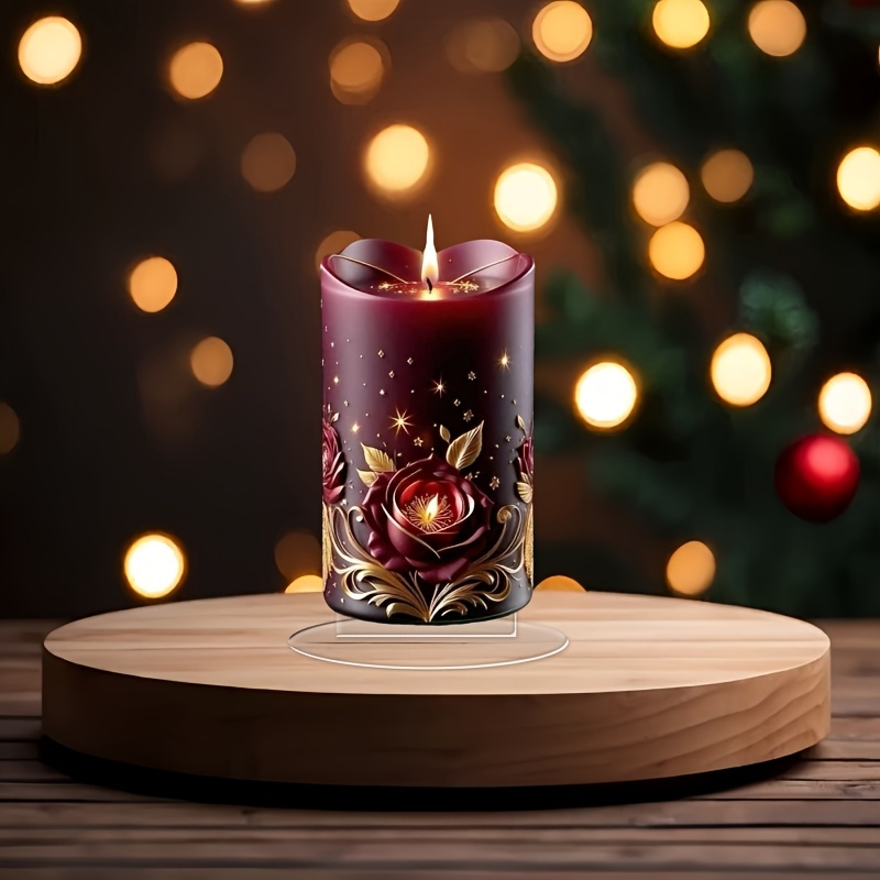 

2d Flat Style Acrylic Rose Candle, Tabletop Decorative Flameless Candle, Multipurpose Ornament For Home, Office, Bedroom, Coffee Shop - Ideal Holiday Gift, No Text, 2d Design