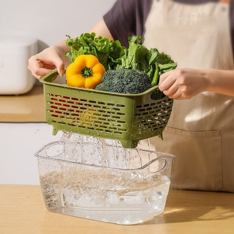 2pcs set double layer vegetable washing basin drain basket kitchen supplies fruit and vegetable bowl chopsticks rectangular vegetable washing drain basket transparent kitchen gadgets Product details 1