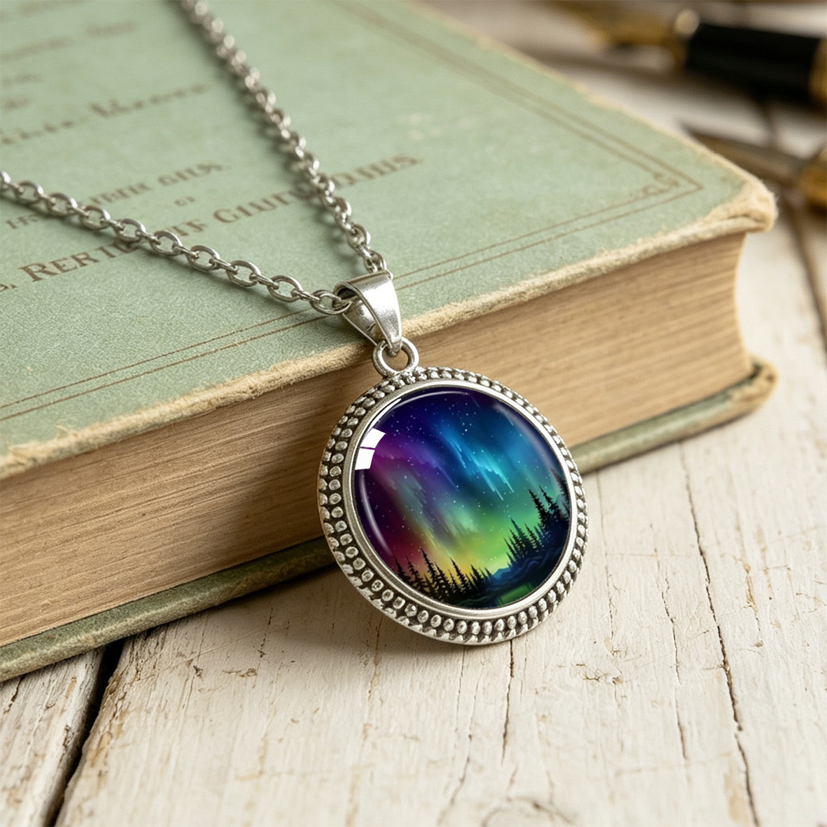 Aurora Forest Nightscape Artistic Printed Round Pendant Necklace