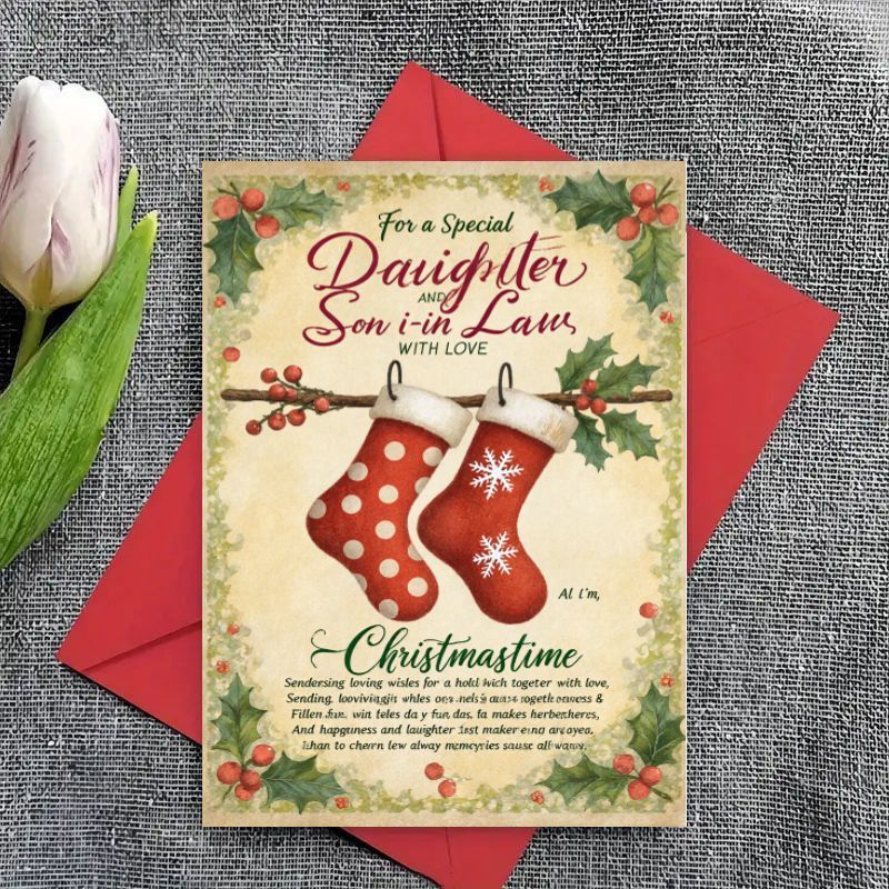 TEMU For Daughter And Son-in-law Christmas Card With Love - Festive Holly & Red Stockings, Greeting For Family, Perfect Gift