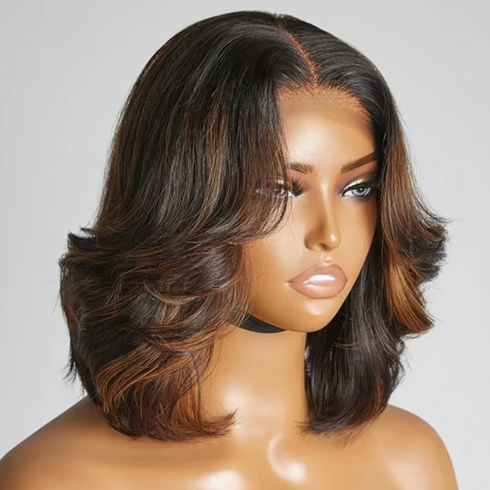 150% Density Human Hair Bob Wig with 1B/30 Ombre Highlights - Body Wave Loose Wavy 4x4 HD Lace Glueless Frontal Pre-Plucked Natural Hairline Short Bob Wigs for Women, Everyday Style Wig | Natural Hairline Wig | Seamless Blend Wig
