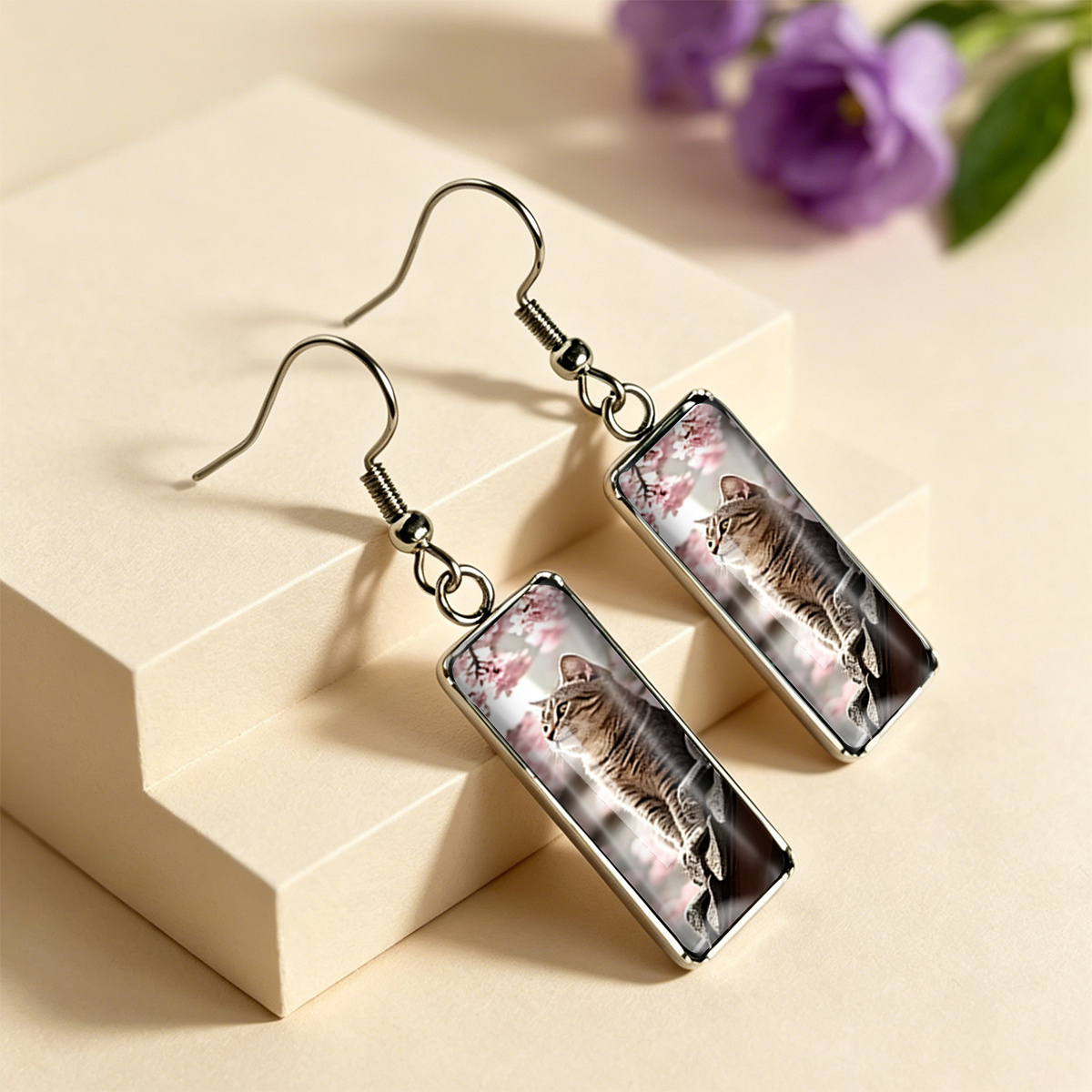 Pink Floral Background Cat Pattern Rectangular Earrings