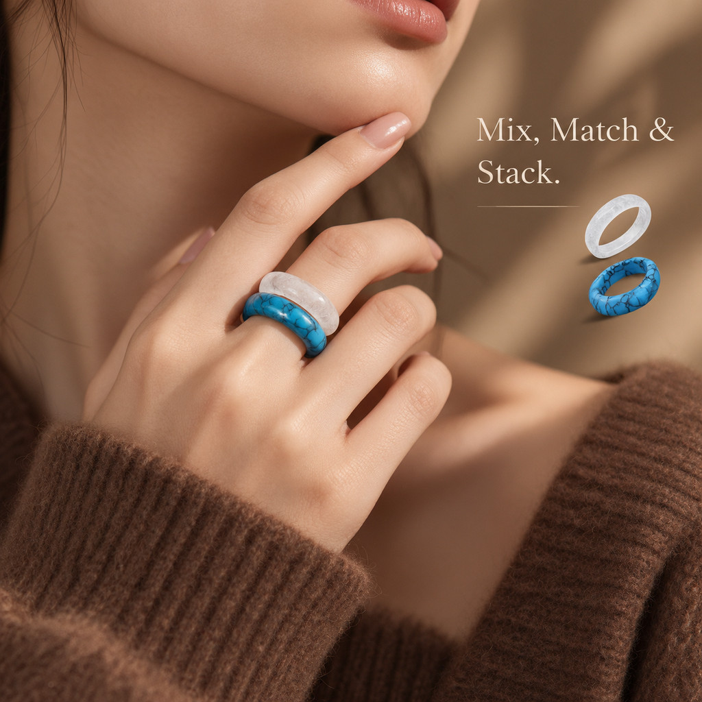 2pcs White Crystal & Deep Blue Turquoise Natural Stone Ring Band Set