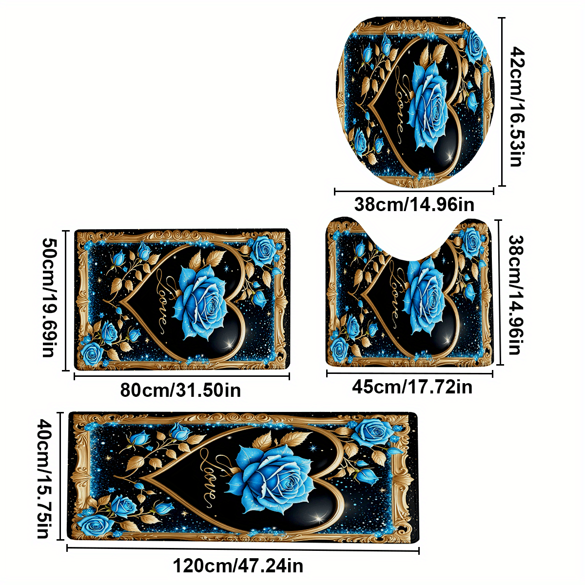 E-shop 4-teiliges Set Badezimmer-Schutzmatten-Set mit blauem Rosen-Druck, rutschfeste Badezimmermatte, Flanell-Badezimmermatte, Badezimmer-Bodenmatte,