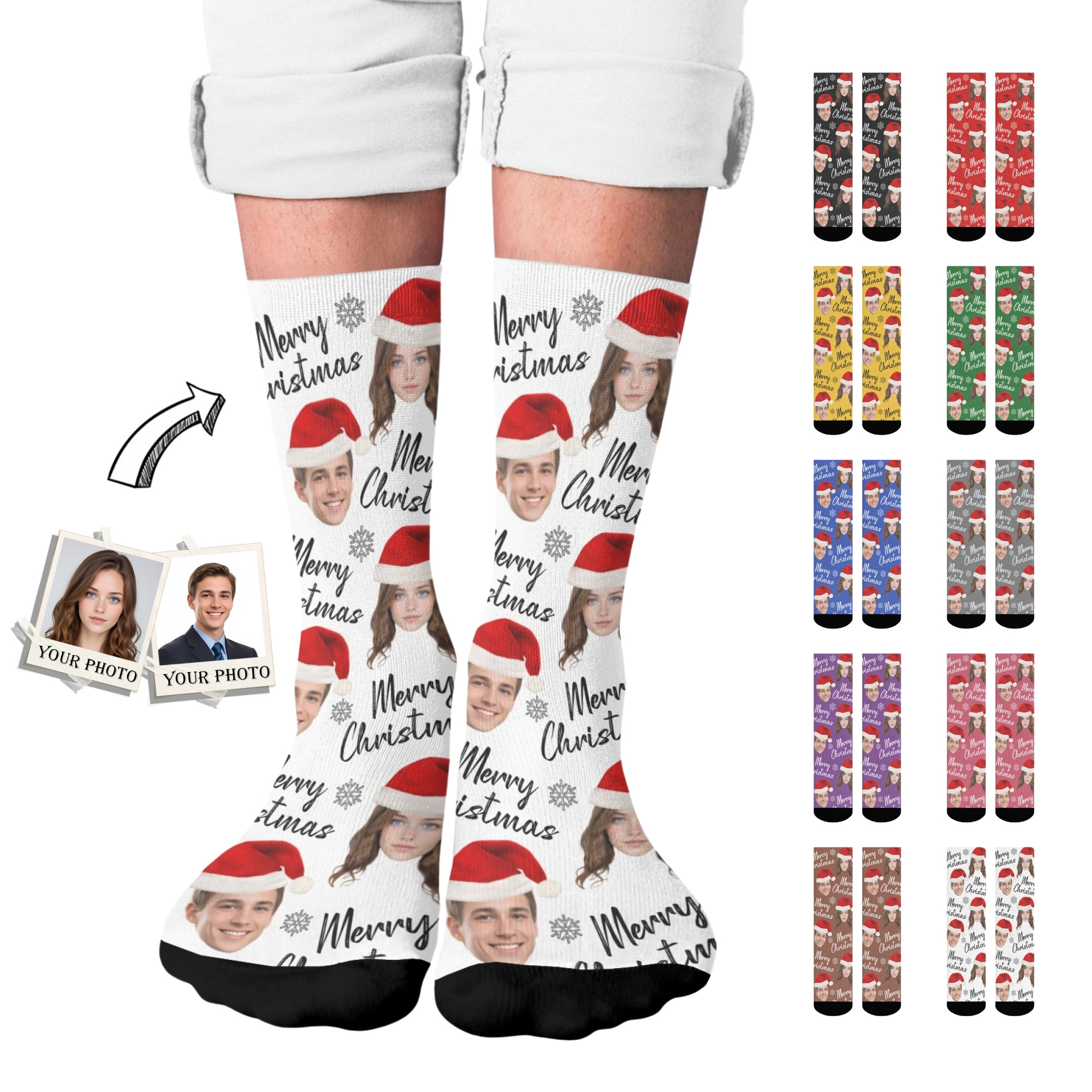 

1 Pair Custom Photo Christmas Socks For Men, Personalized Mid-calf Crew Socks With Santa Hat Design, 100% Polyester Knit Fabric, Hand Wash Only