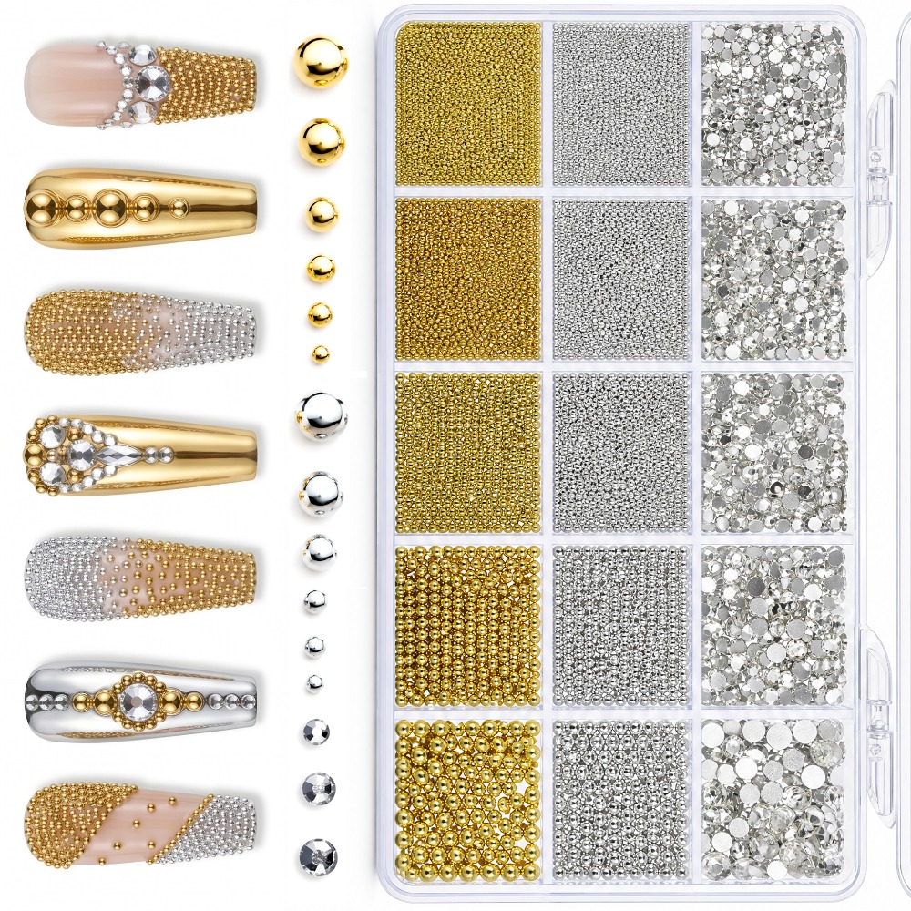 TEMU 15-grid Highlighting Mixed Nail Charms: Golden And Silvery Metal Beads And Rhinestones, 3d Non-porous Design, Wearable Nail Decoration Additions