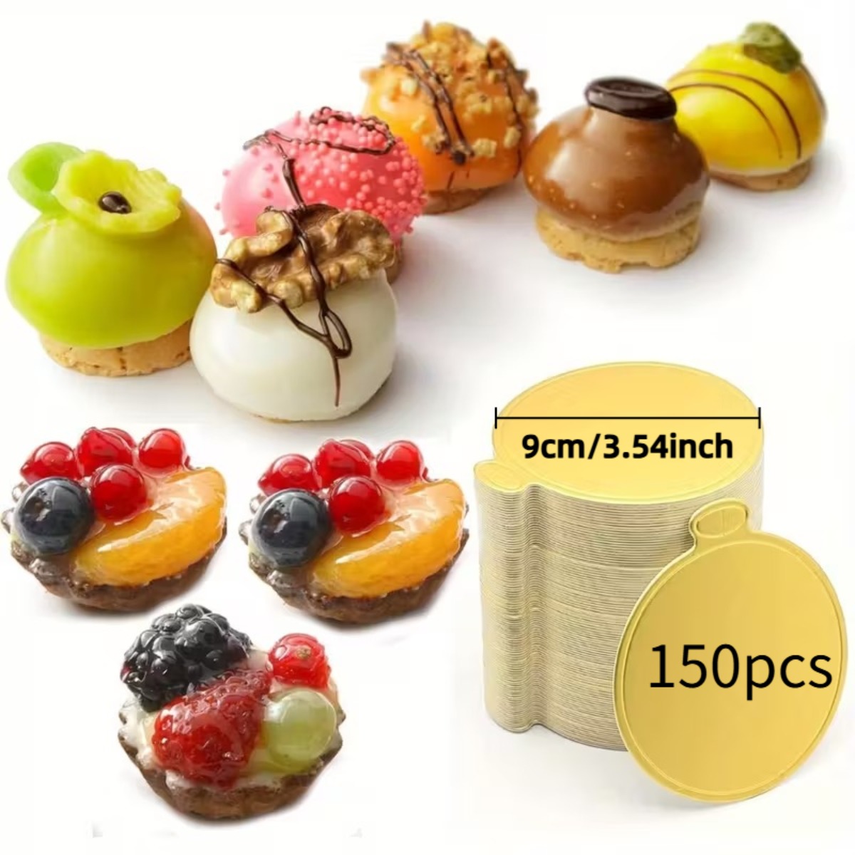 E-shop 150 Stück goldene Karton Mousse Kuchenböden - Runde Mini Kuchenplatten mit elegantem goldener Deckel & Boden, robuste Papier Kuchen Display