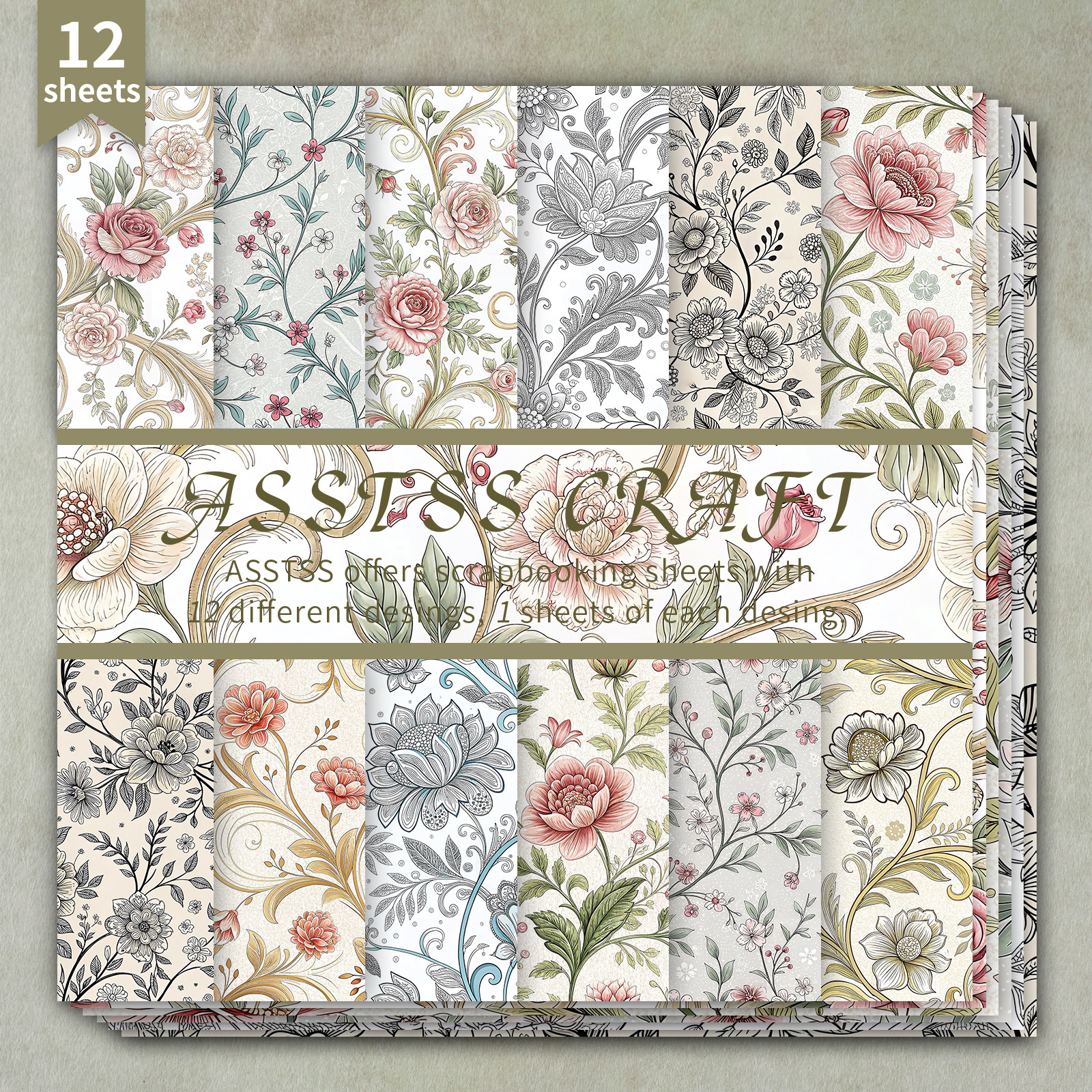 TEMU 12-sheet Asstss Heavyweight Scrapbooking Paper Pad - Vintage Rococo Floral Cardstock Suitable For Journaling, Collage Art, & Crafts, Elegant