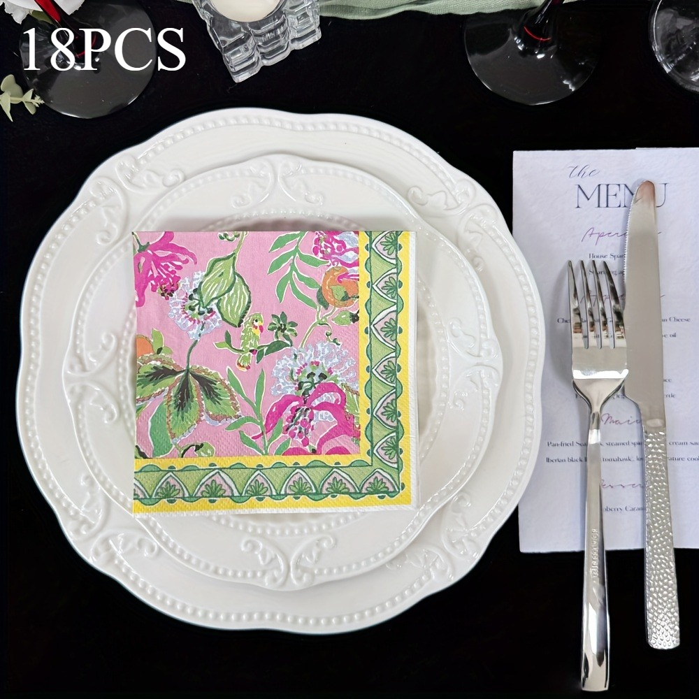 TEMU Set Of 18 Disposable Napkins Featuring A With Colorful Flowers And Birds, Measuring 10x10 Inches, Perfect For Weddings, Birthdays, , And Other