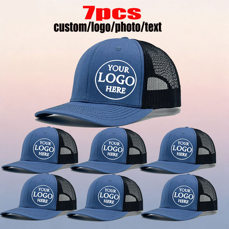 TEMU 7pcs Logo Trucker Hats With Adjustable Back Closure & Tape/ Closure - Breathable Mesh Baseball Caps Suitable For Outdoor, Uniforms, Personalized