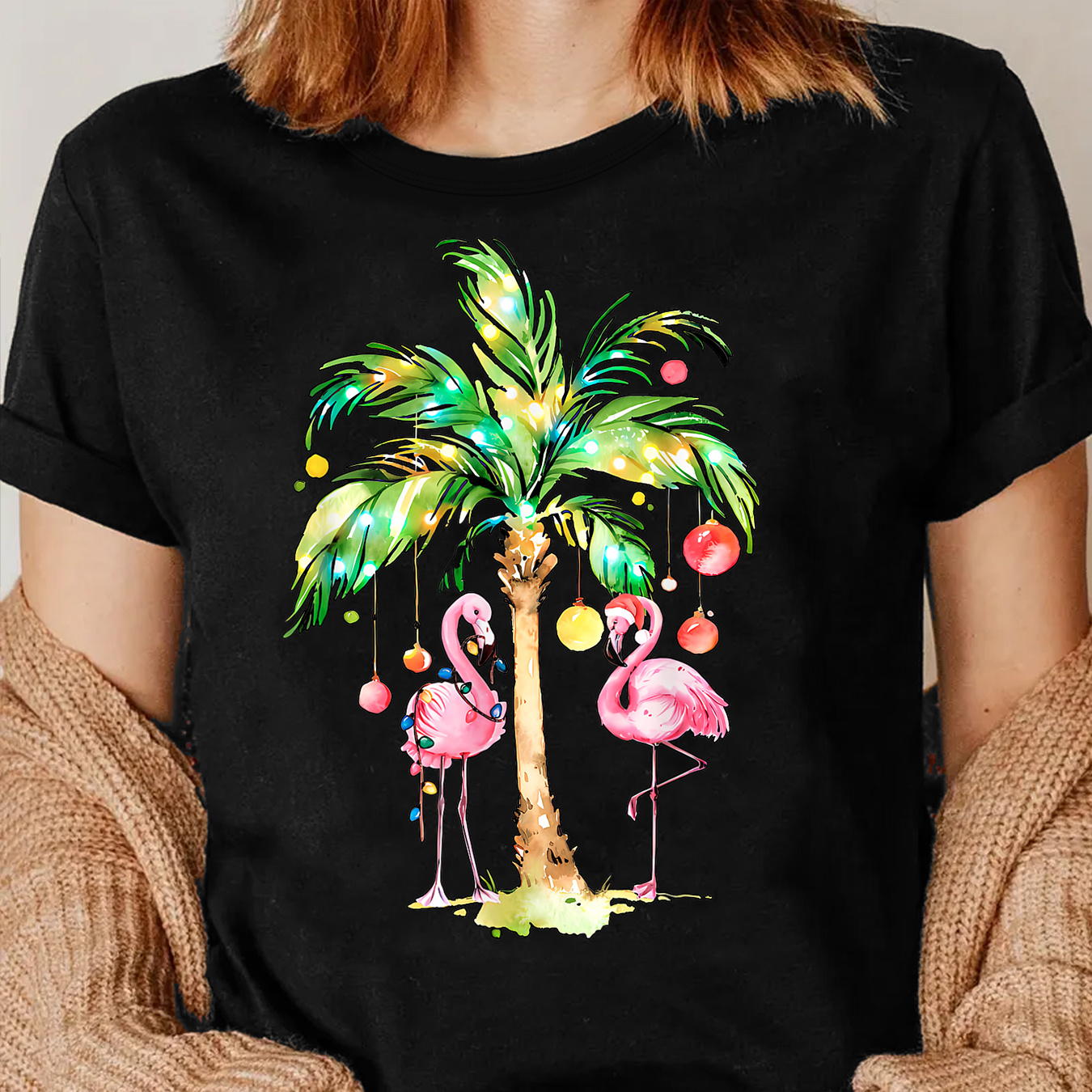 

Women's Tropical Christmas Tee - & Palm Print, Casual Crew Neck Short Sleeve Top, Stretchy Polyester , Machine Washable