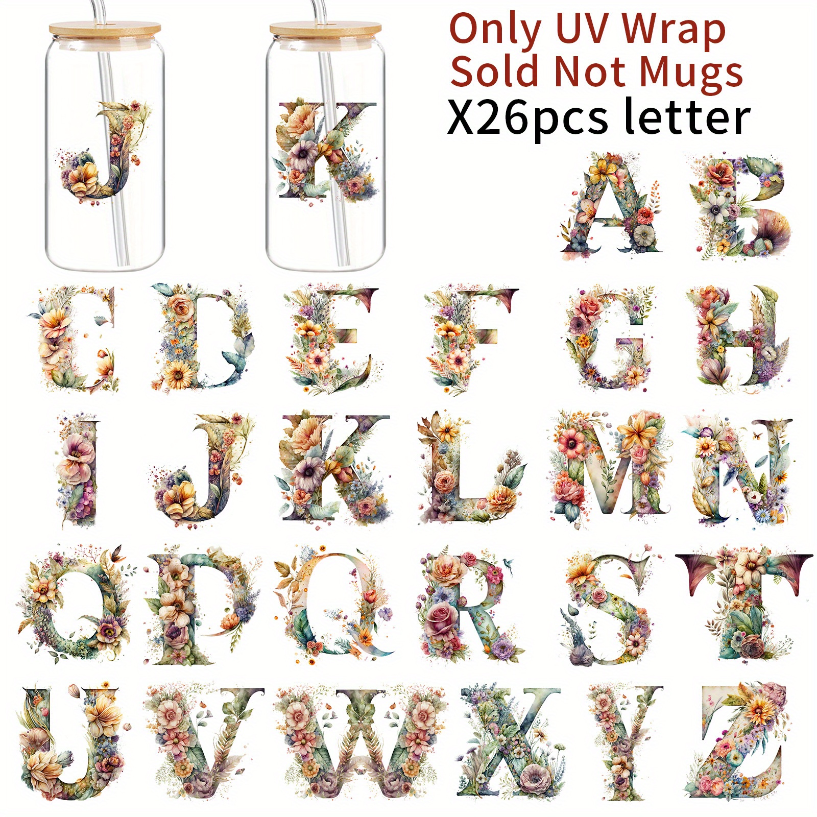 TEMU Un ensemble de 26 autocollants de transfert DTF UV en lettres et fleuries , imperméables et résistants aux rayures, adaptés pour les gobelets en