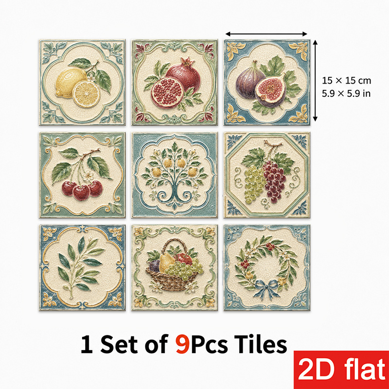 TEMU 2d Flat 9pcs 15x15cm (5.9x5.9in) Slate Tile Stickers Modern - Peel And Stick Wall Tiles With Vintage Floral Pattern For Kitchen Backsplash,