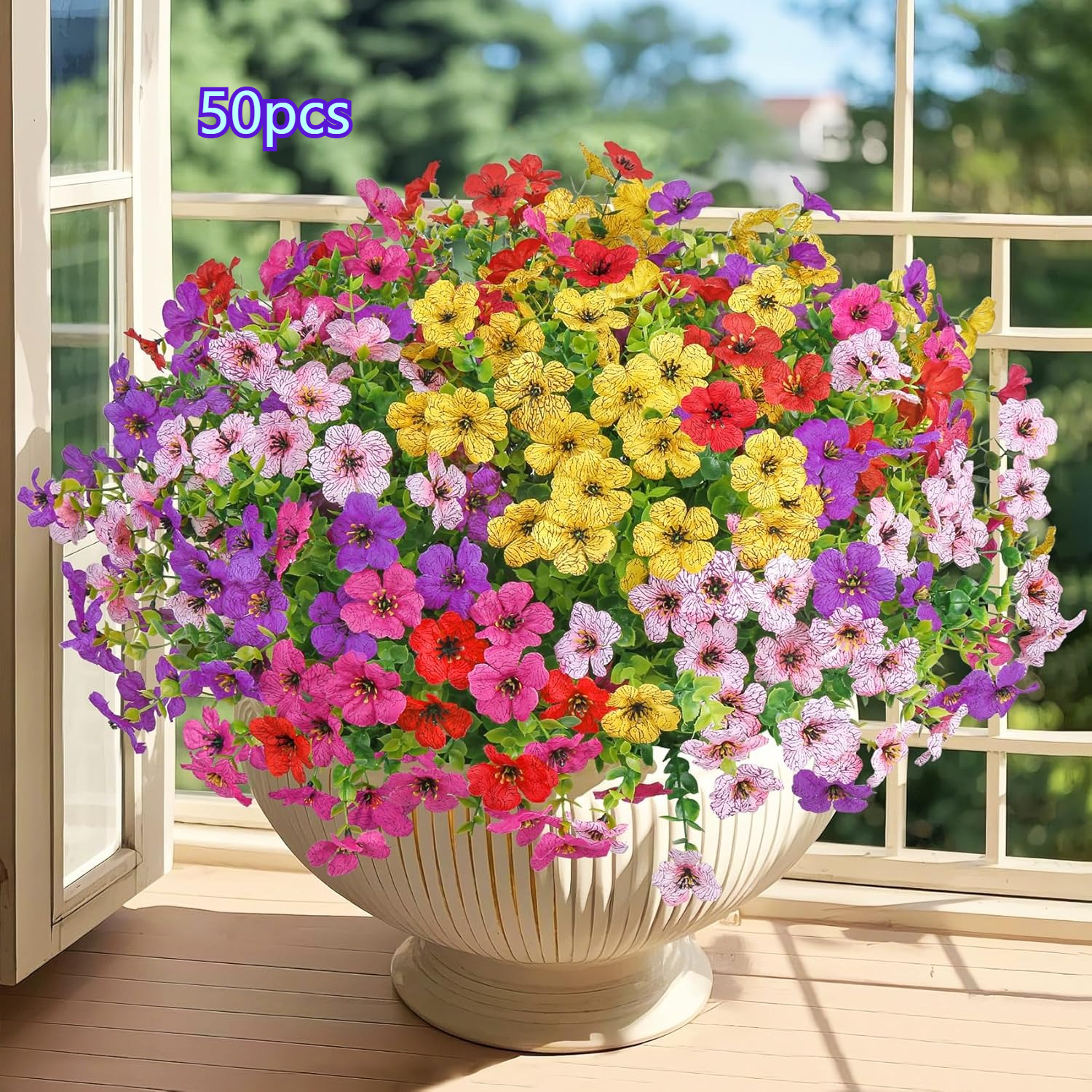 Image of 50pcs Of Outdoor Artificial Violet Simulation Flowers | Uv Resistant, With Eucalyptus Leaves, Mixed Colors Suitable For Spring And Summer Garden, Courtyard, Porch, Window And Home Decoration