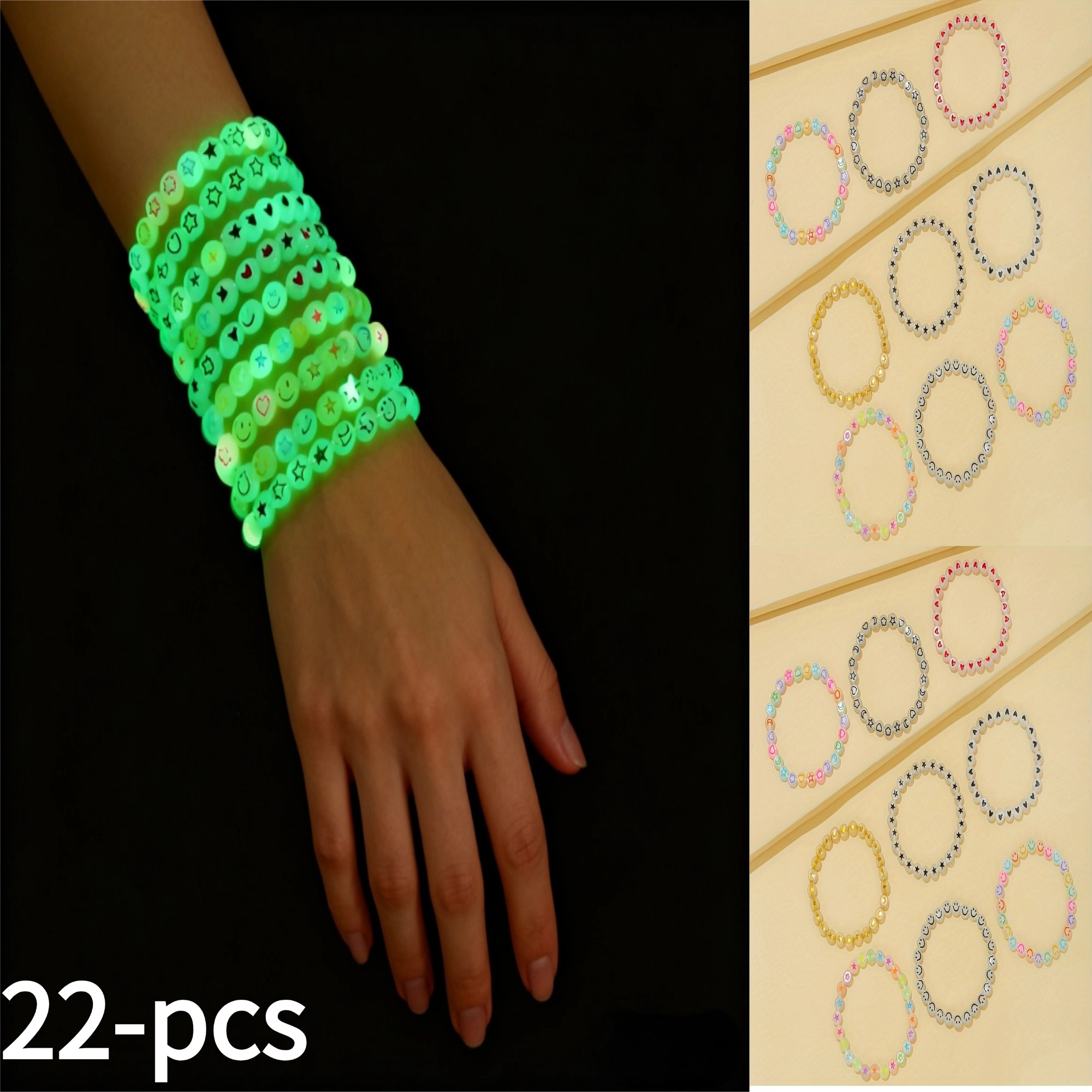 22pcs Handmade Adjustable Luminous Beaded Bracelet Set / Star/ Cloud Accessories Chain -the-dark Glow Beads Wristband Party Fashion Accessory Bracelets Set
