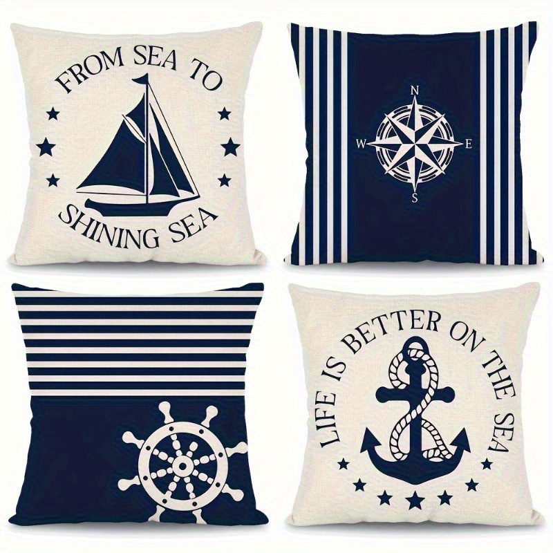 TEMU 4pcs Set, Ocean-themed Square Pillowcases. Featuring Beige And Navy Blue As Colors, With Nautical Elements Such As Sailboats, Compasses, Ship