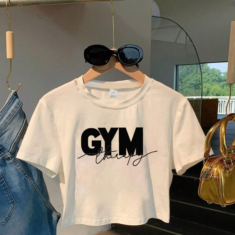 

[] Women's Y2k "gym" Print Top - Short Sleeve, Round Neck, Polyester, Machine Washable - Ideal For Spring & Fall Fashion