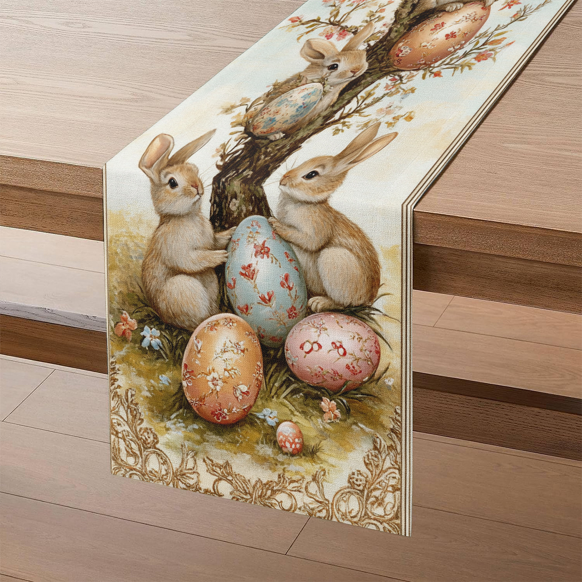 

Elegant Bunny And Eggs Design Polyester Table Runner, Rectangular Woven Table Decor, Paisley Pattern, Vintage-inspired, With For Easter And Home