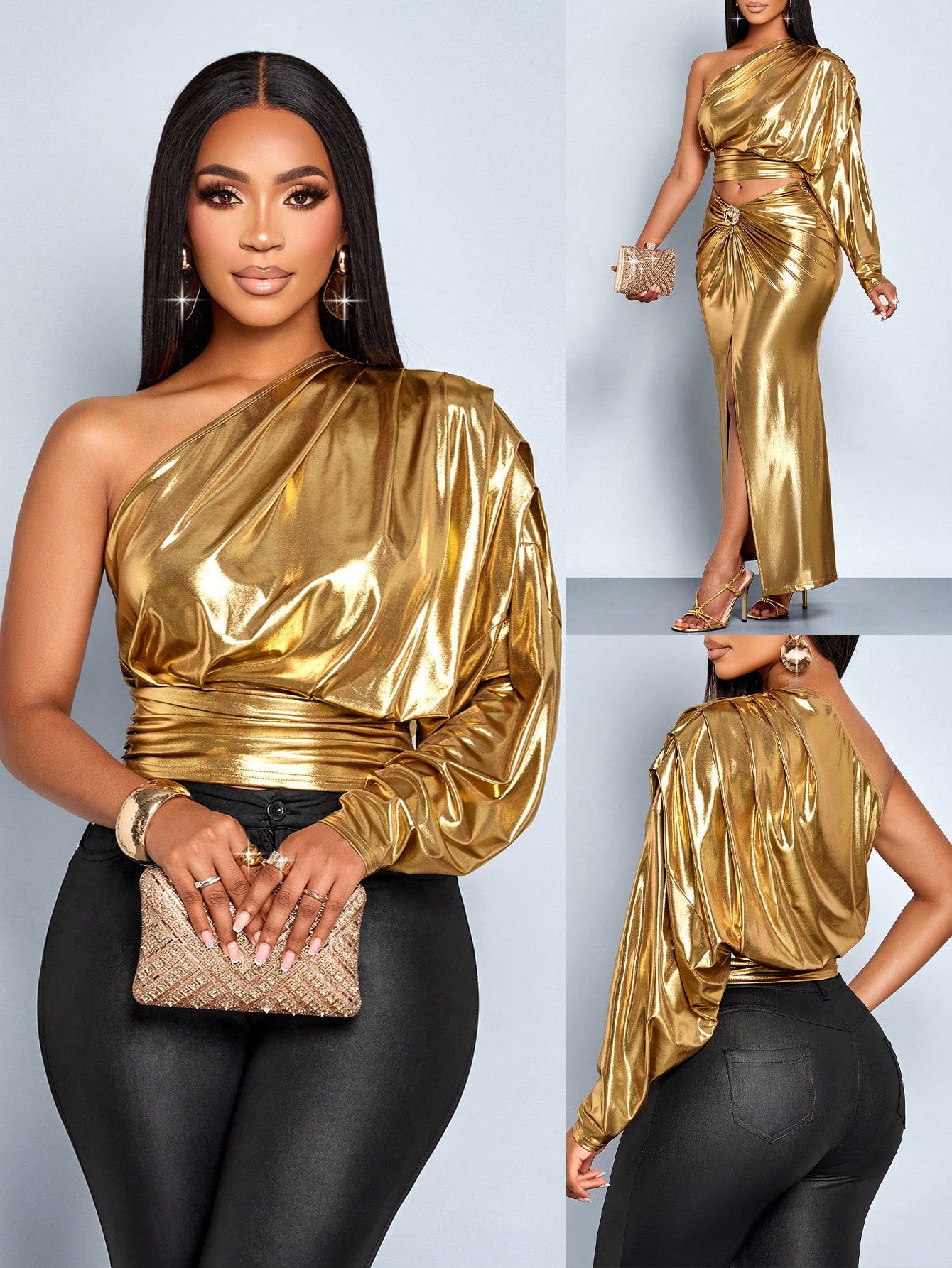Gold Metallic One-Shoulder Top 2pcs Party Set