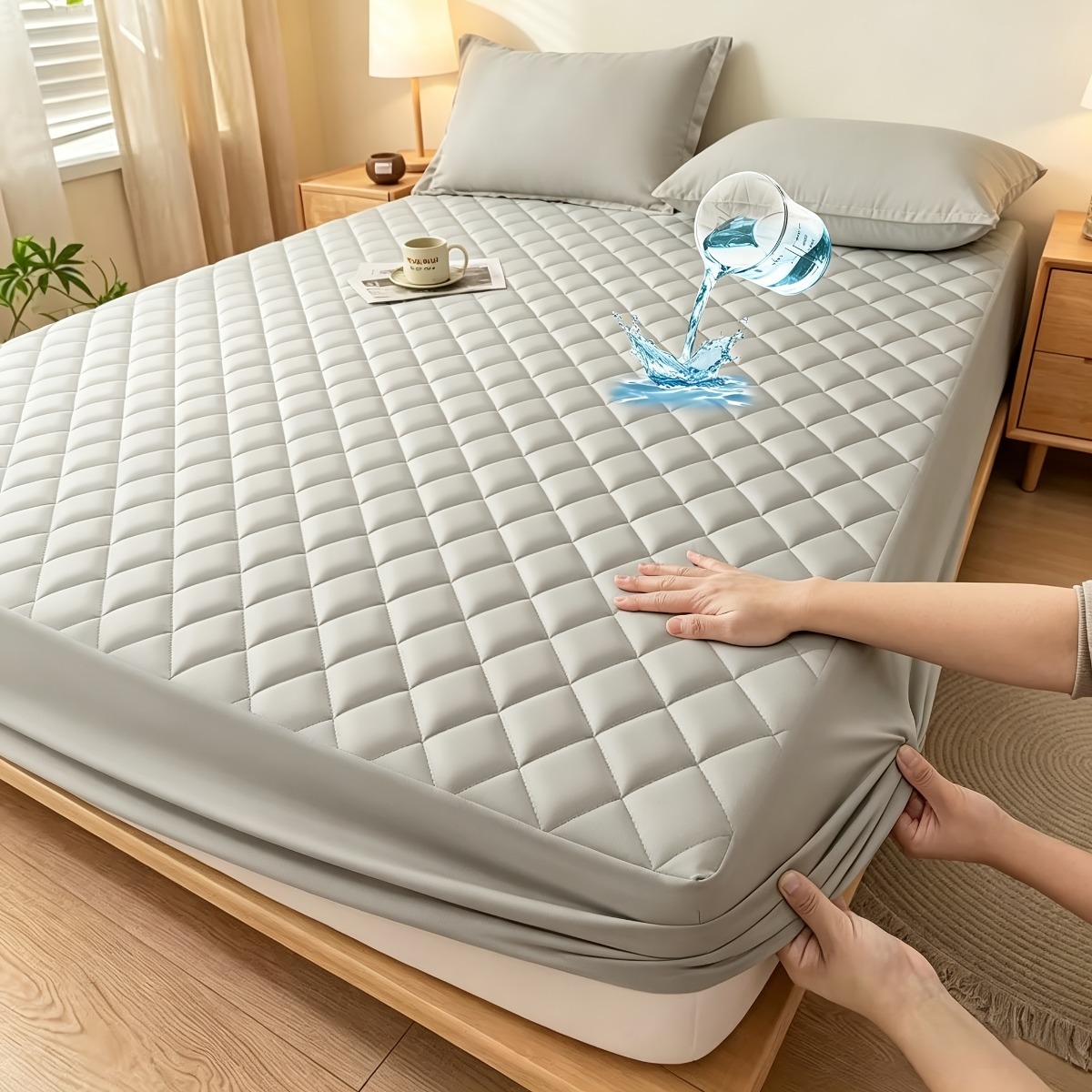 TEMU 1pc Waterproof Non-slip Mattress Protector - Solid Colour Fitted Mattress Cover - Deep Pocket, - For Bedroom & - Machine Washable