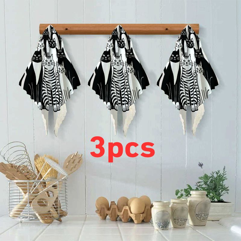 TEMU Set Of 3/6 Kitchen Dishcloths Featuring A Black And White Cat Family In A Cartoon 2d Design. Reusable Cleaning Cloths Are Made Of Microfiber,