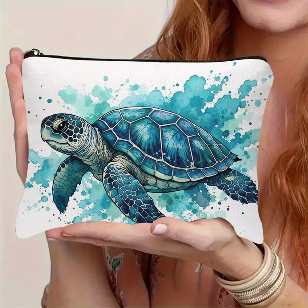 TEMU Makeup Bag 1pc, Sea Turtle Watercolor Art Cosmetic Bag With Zipper Closure, Large Capacity Toiletry Pouch, Cute Fashion Wallet Portable Storage