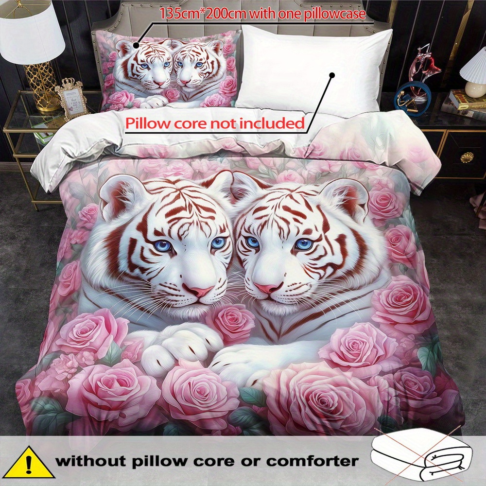 E-shop Bettwäsche-Set mit Daunenbettbezug im - 2/3-teilig, Weich, Bequem, Atmungsaktiv, Bettwäsche mit Tier- und Blumenmuster, Tiger-Print Bettbezug