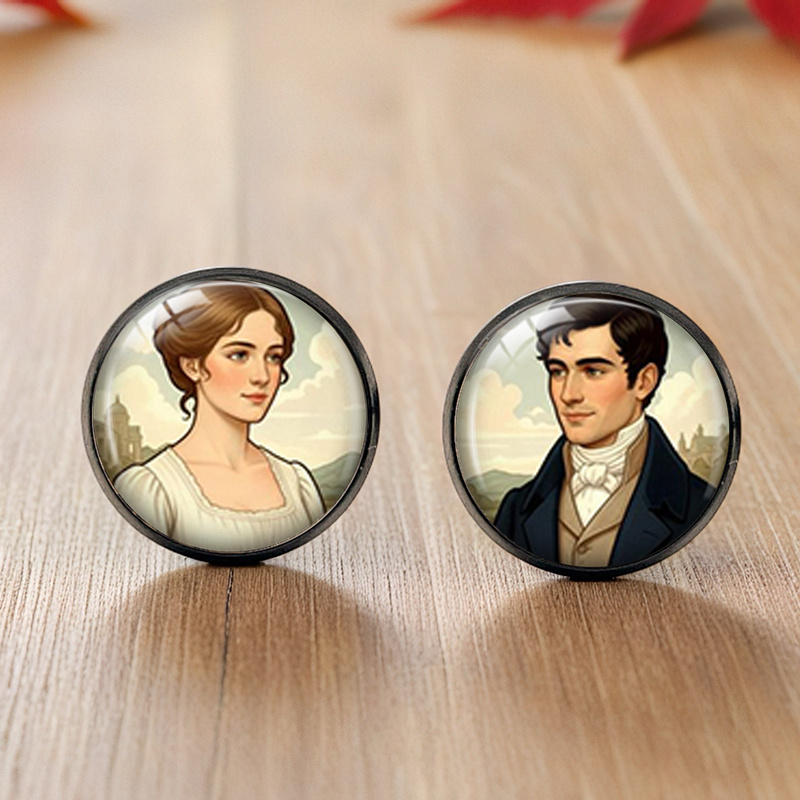 TEMU A Pair Of Handmade Round Glass Black Earrings Pride And Prejudice, Perfect As A Gift, Without Battery
