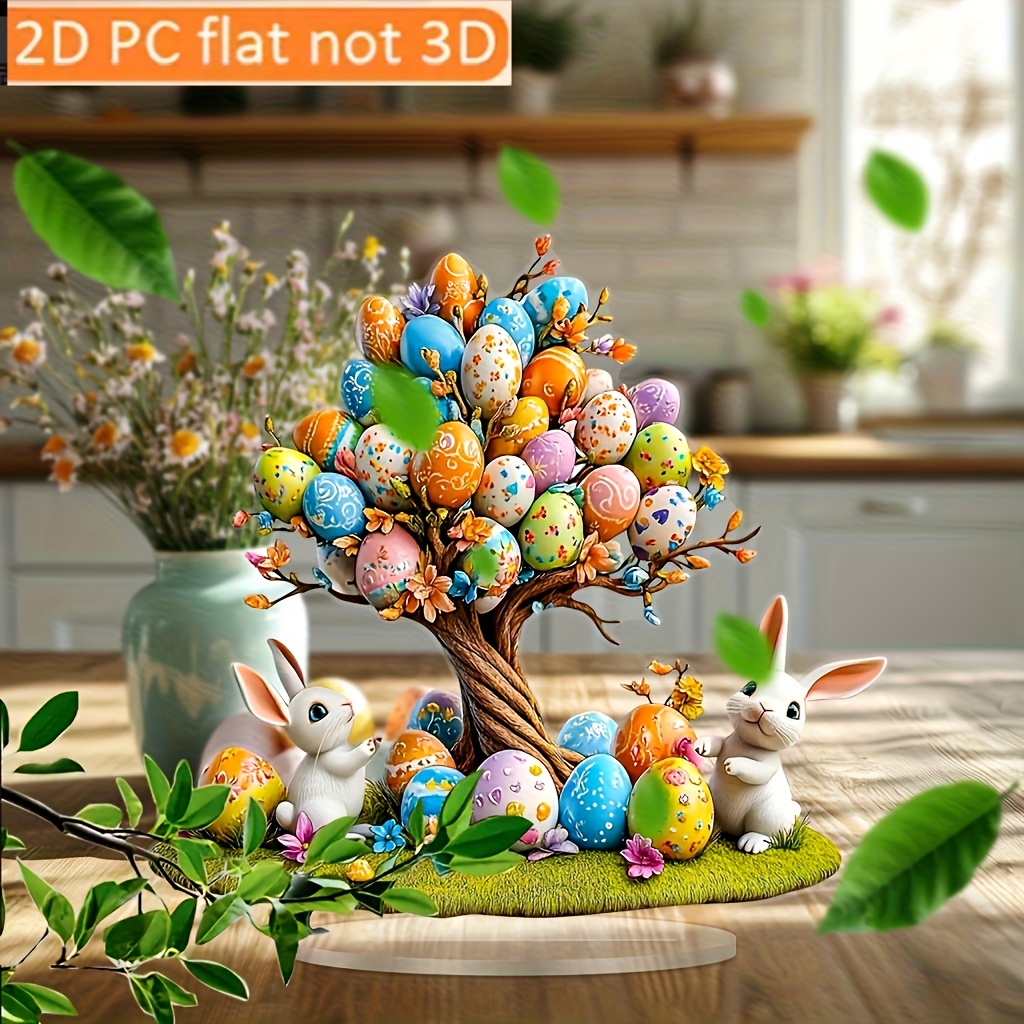 Image of 2d Flat, 2d Acrylic Tree Stand With Bunny And Chick Figurines - Colorful Sun Catcher, Desktop Decoration For Home, Office, Or Garden, Perfect Easter Gift, Tree Easter Decoration