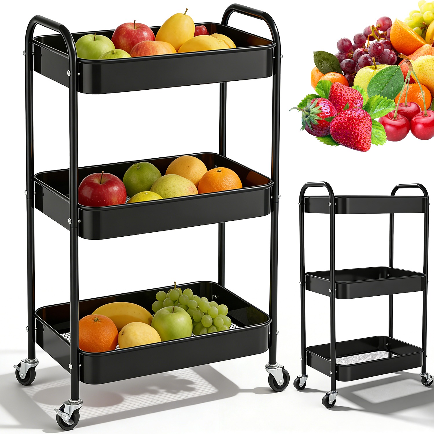 3-tier Rolling Storage Cart With Locking Wheels - Sturdy & Mesh Baskets For Bathroom, Kitchen & Living Room Organization, Standing Shelf