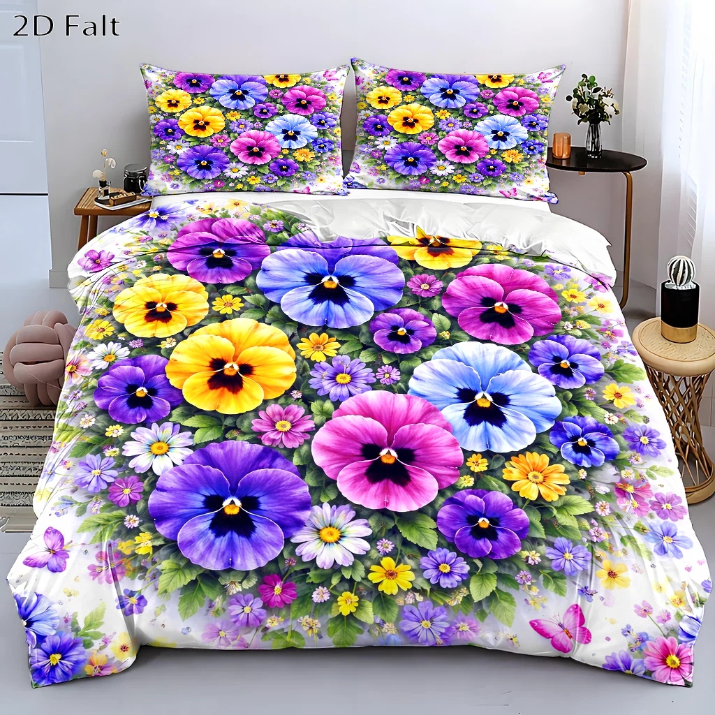 TEMU 3pcs Pansy Floral Duvet Cover Set, Bedding (1 Duvet Cover   2 Pillowcases), Suitable For , Machine Washable, Invisible Zipper Design, Queen Size