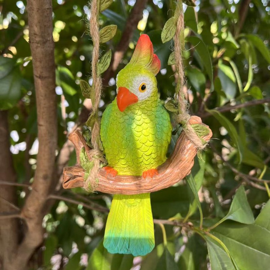TEMU 1pc Realistic Resin Parrot Sculpture - Outdoor/indoor Hanging Bird Statue With & Perch, Low-maintenance Fake Bird For Garden Decor Suitable For