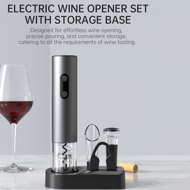 automatic electric wine bottle opener set by featuring a battery operated corkscrew a stopper foil cutter wine pourer and storage base parties and suitable for home kitchen and restaurant use Product details 3