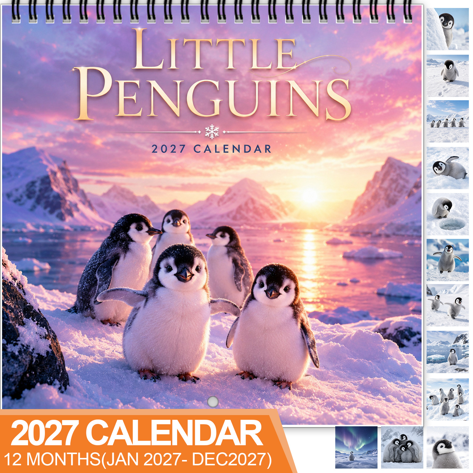 TEMU 1 2027 Calendar, Spiral Binding 12-month Calendar, With Large-size Date Grid, Containing Cute And Snow Antarctic Wildlife Patterns, Suitable For