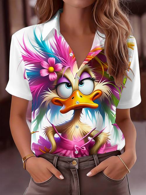 womens casual short sleeve shirt 1pc colorful duck wearing pink dress and flowers eyes pattern machine washable womens top fashionable hot item button up shirt