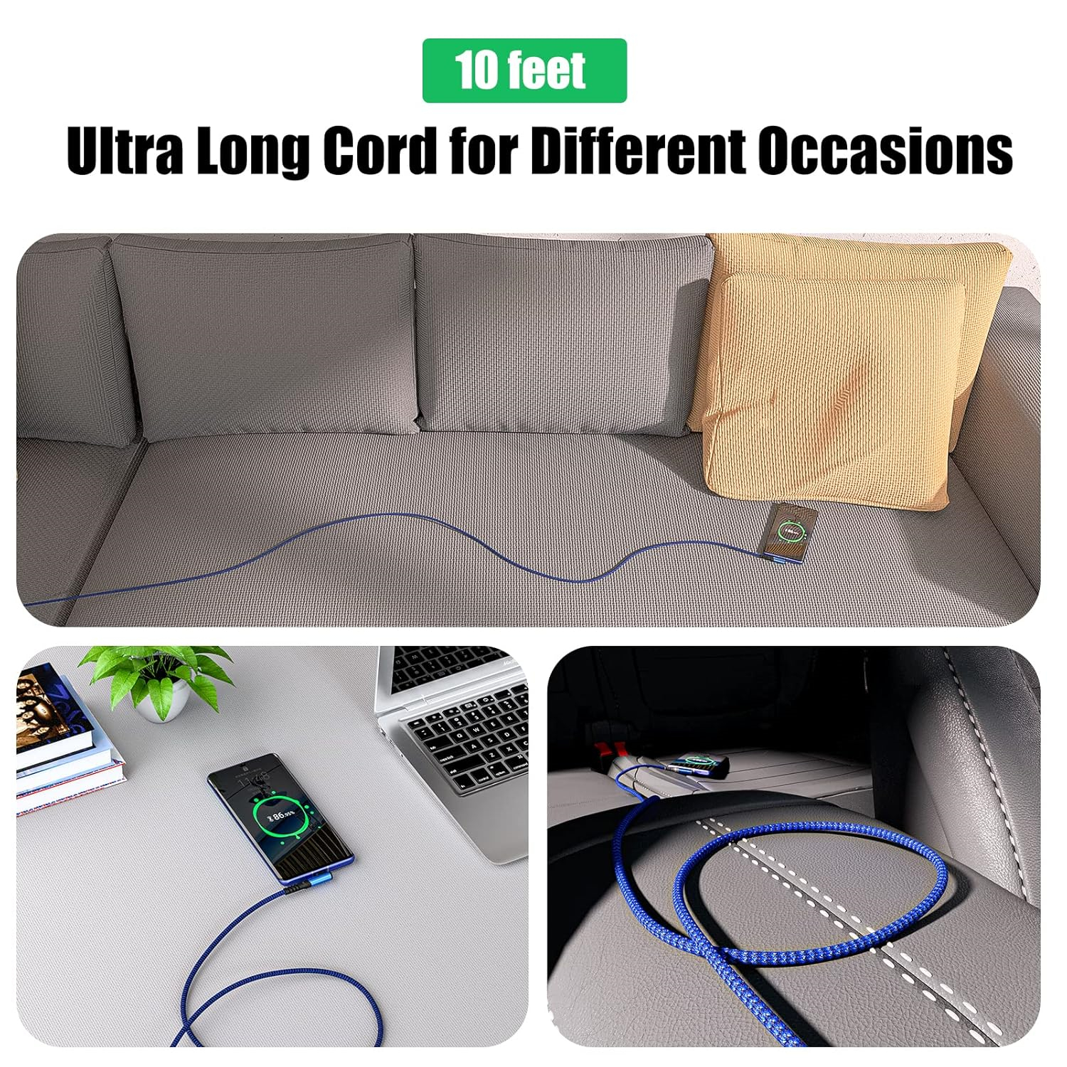 Cargador Tipo C de 3 piezas, Carga Rápida, Cable USB A a USB C en Ángulo Recto, Cable Cargador USB C Trenzado para iPhone 17/16/15 Series, Samsung, Huawei, Xiaomi, Redmi, Oppo, Oneplus y Más Smartphones 3.3Ft/6.6Ft/9.9Ft