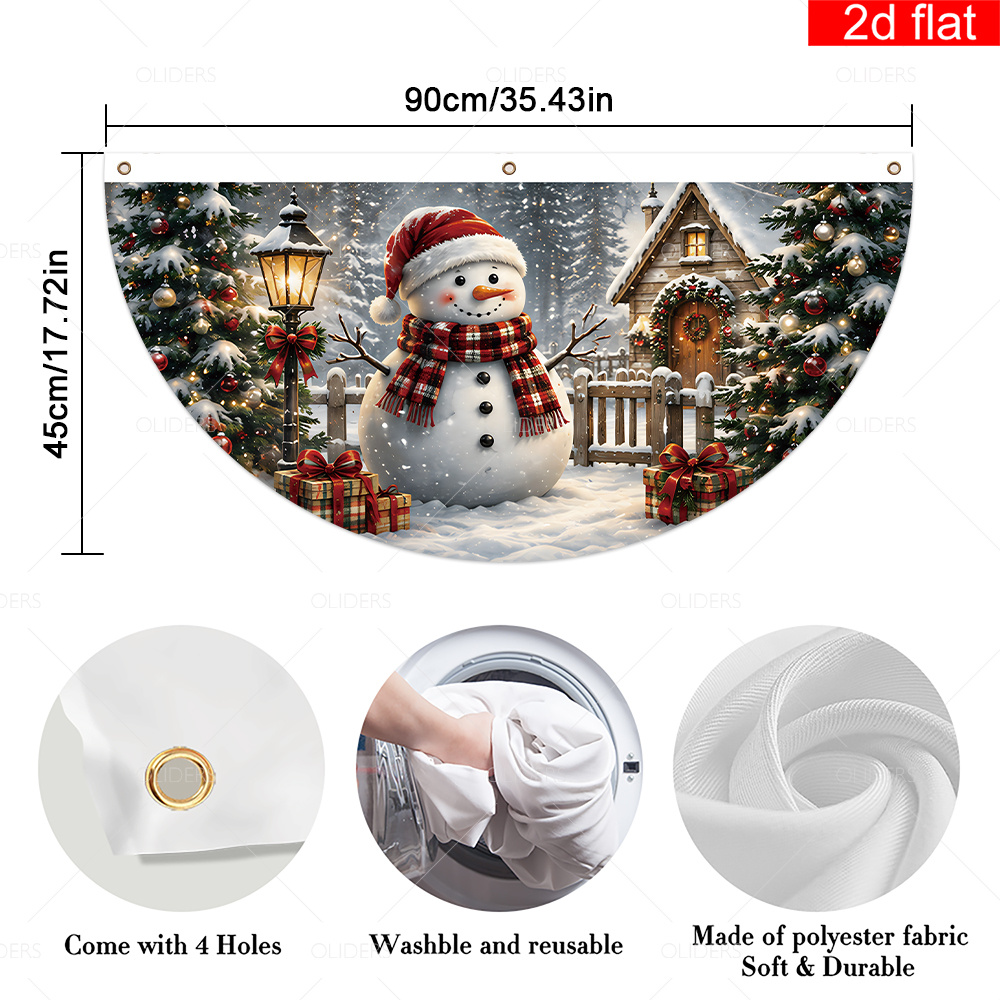 TEMU 2d Flat, 2d Flat - 2d Flat, 2d Flat - 2d Flat Banner, 1pc, Vintage Rustic Christmas Fan-shaped Banner, Polyester, Adorable Snowman Scarf, Snowy