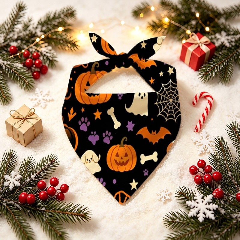 TEMU 1 Halloween-themed Pet Dog Scarf, 24.8x11 Inches, One-size-fits--style Bandana With Fun Pumpkin,, And Bat Prints, A Festive Accessory Suitable