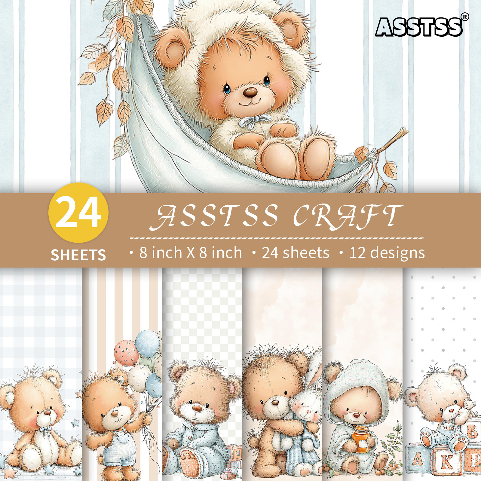 TEMU Bloc de papier de scrapbooking ASSTSS 24 feuilles 8*8 pouces, fournitures de papier de support style fantaisiste en peluche pastel, carton épais