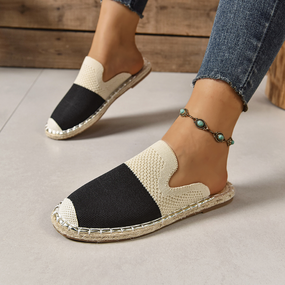 TEMU Women's Knit Splicing Woven Closed Toe Mule Slides Summer Breathable Wear-resistant Vacation Casual Shoes, Women Shoes