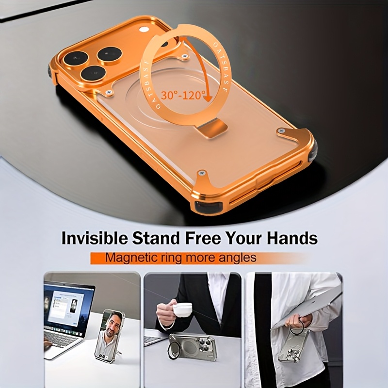 phone case casual transparent phone case for iphone 17 pro and 17 pro max with 360 rotate aluminum alloy stand ultra thin frameless design with anti drop protection   in   golden and orange Product details 3
