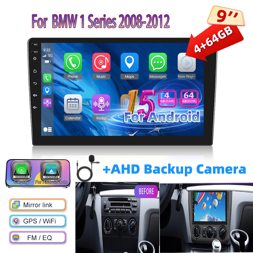 Image of [4+64g] 15 Car Radio, For 1 Series 2008-2012, 9-inch 1280p Ips Touch Screen Radio With Car Radio Ai Dsp/ Fm/ Rds/ 32eq Gps Wifi Swc+microphone, Ahd Reverse Camera, Without Battery