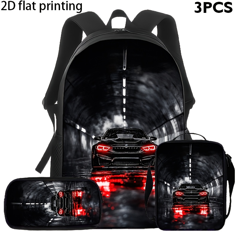Image of Tunnel Racing Theme 3pcs Set, Includes Backpack, Crossbody Bag, Pencil Case, Black Red , Fashionable And Individual, Suitable For Students' Daily , 2d Flat Printing