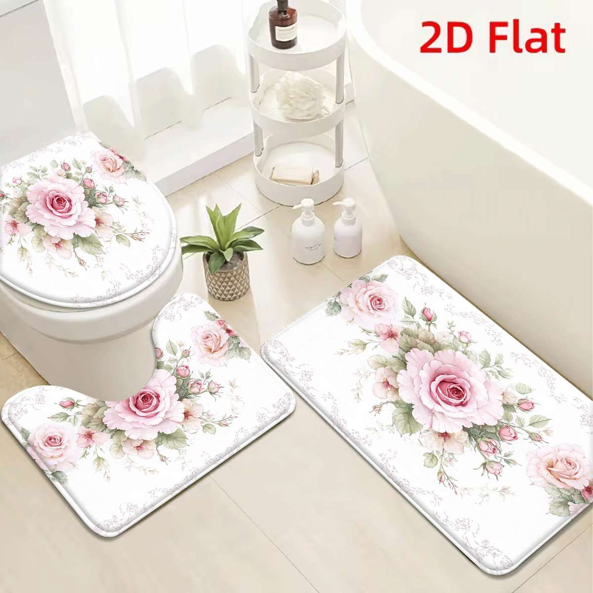 TEMU Ensemble de bain 3 pièces en peluche rose florale - Tapis de sol antidérapant absorbant lavable en machine avec dos antidérapant, pour salle de