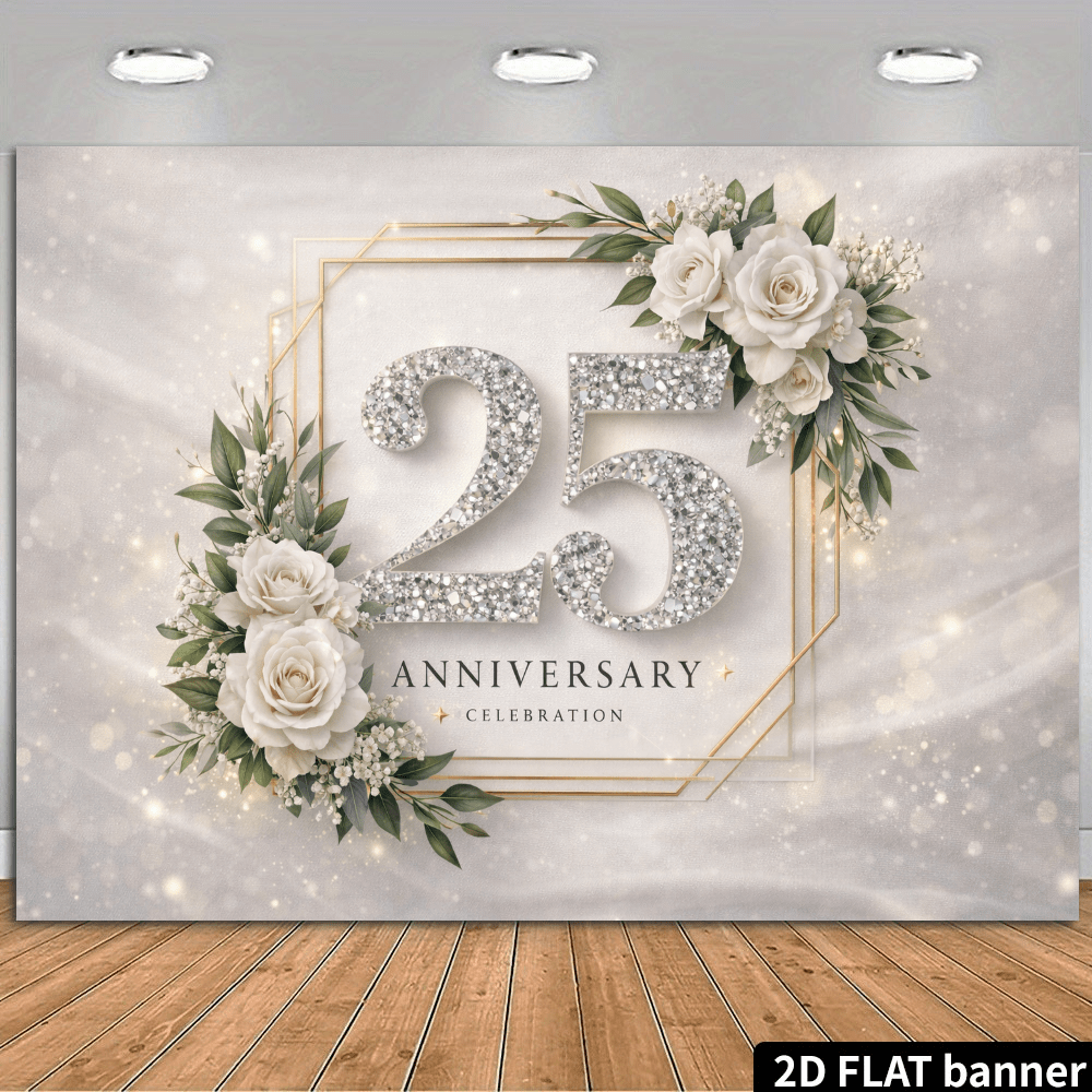 2d flat 2d flat 2d flat banner 1pc 25th anniversary banner backdrop suitable for indoor outdoor number 25 with white roses and   glittering diamond decorations durable for   celebration party