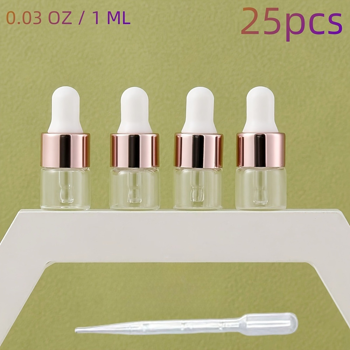 TEMU A Set Of 25 Mini Transparent Glass Dropper Bottles, Each Holding 0.03oz / 1ml, Featuring Pink Cap. Compact And Adorable Essential Oil Containers